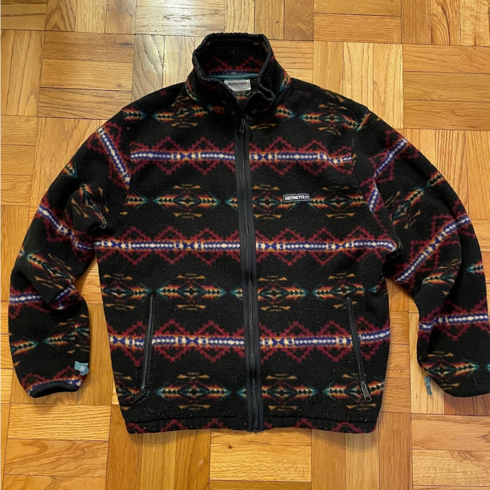 Vintage Obermeyer 80s/90s Black Southwestern Aztec Pull Over Snap Fleece Large